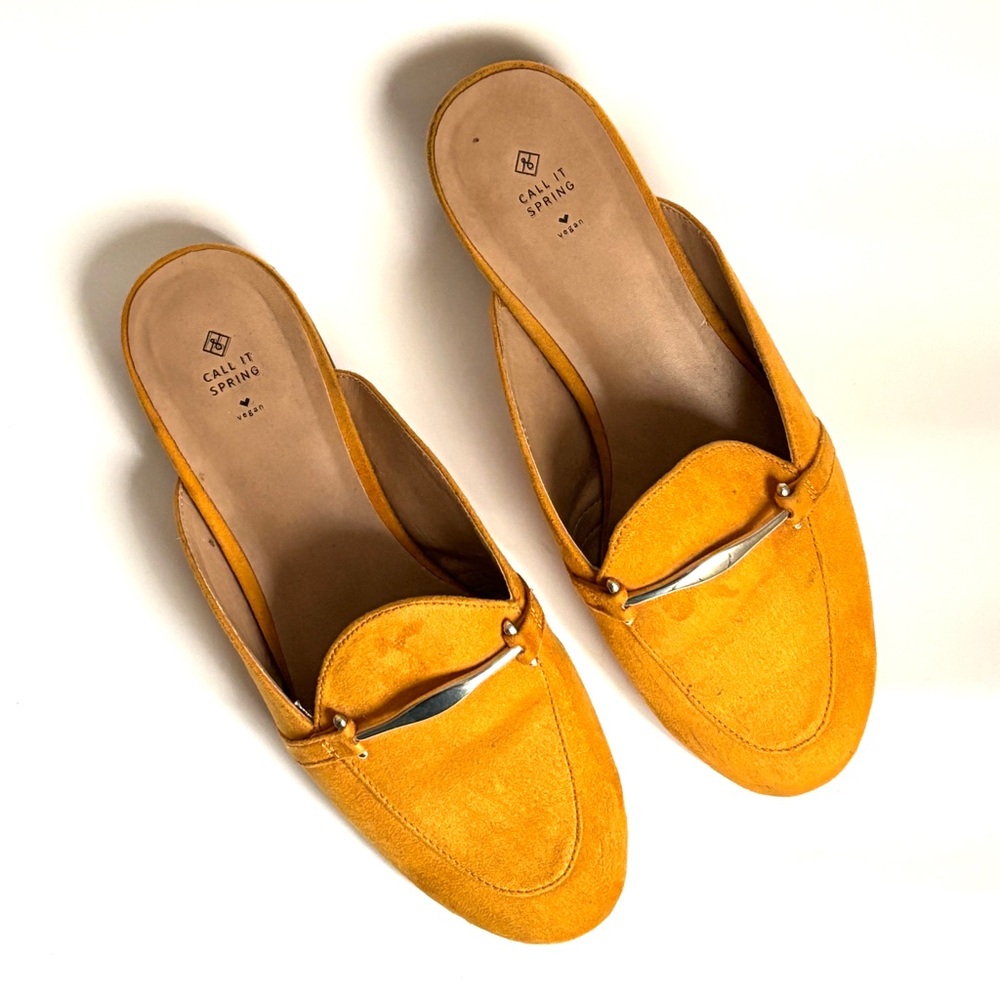 Call It Spring Mustard Suede Mules – Vegan Leather – Women’s Size 7